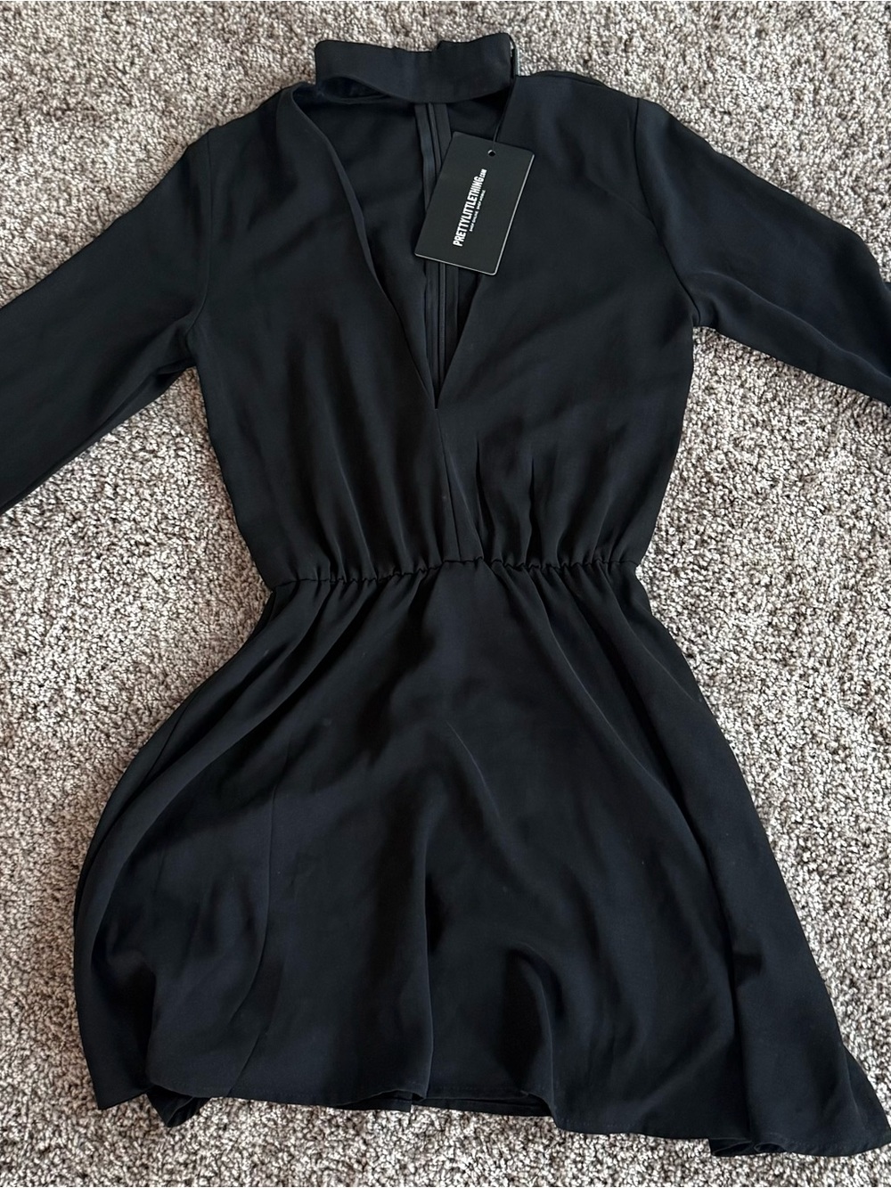 PrettyLittleThing Black Long-Sleeve Chiffon Dress with Mock Neck